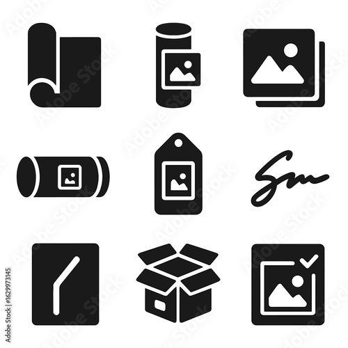 Art Shipping Icons. Solid, filled icons set of art and print shipping: canvas roll, gallery tube, photo print