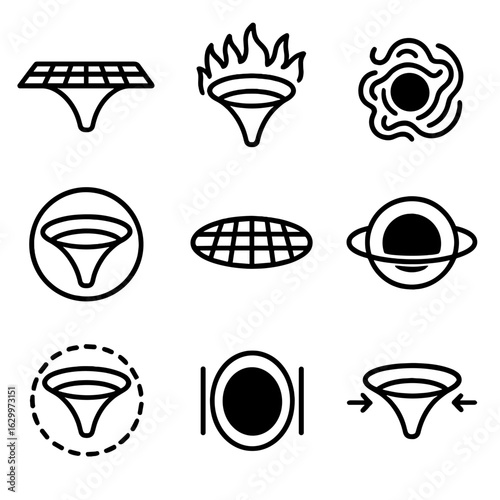 Black Hole Icon Set. Outline icon set of theoretical black hole models: membrane paradigm, firewall hypothesis, fuzzball theory,