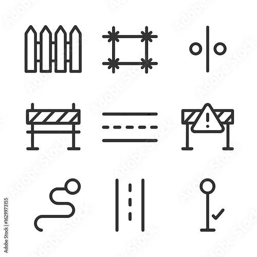 Boundary Line Icons. Outline icon set of line boundaries and divisions: fence line, border line, dividing line, safety line,