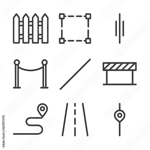 Boundary Line Icons. Outline icon set of line boundaries and divisions: fence line, border line, dividing line, safety line,