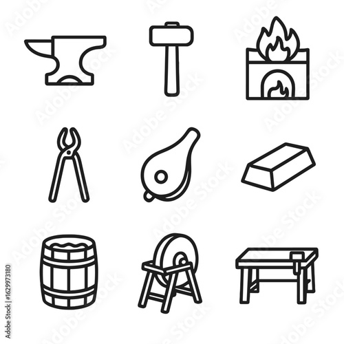 Blacksmith Tools Icons. Outline icon set of blacksmith tools: anvil, hammer, forge, tongs, bellows, metal ingot, quenching barrel,