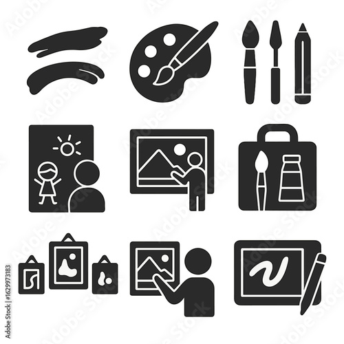 Art Skills Icon Set. Solid, filled icons set of Artistic skill development: brush strokes, color palette, art