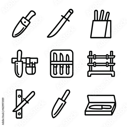 Blade Storage Icons. Outline icon set of blade storage and carrying: sheath, scabbard, knife block, tool belt, blade case, display