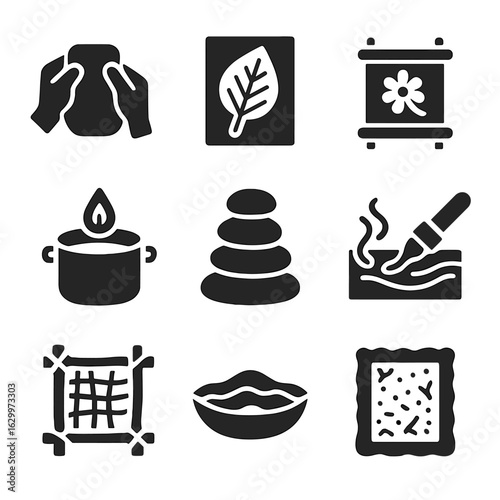 Art Therapy Icons. Solid, filled icons set of art therapy techniques: clay modeling, leaf printing, flower