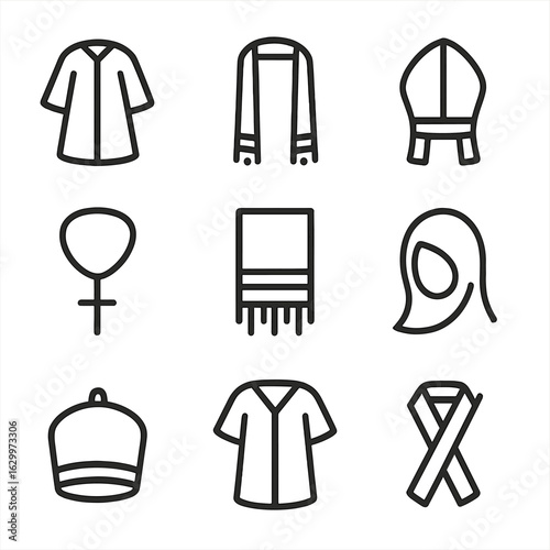 Blessing Attire Icons. Outline icon set of blessing attire: robe, stole, mitre, cross necklace, prayer shawl, headscarf,