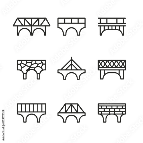 Bridge Icon Set. Outline icon set of bridge types by material: steel, concrete, wood, stone, cable, composite, iron, aluminum,