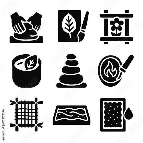 Art Therapy Icons. Solid, filled icons set of art therapy techniques: clay modeling, leaf printing, flower