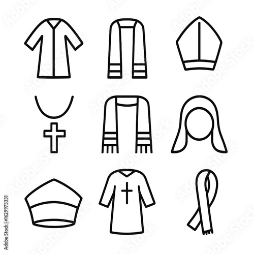 Blessing Attire Icons. Outline icon set of blessing attire: robe, stole, mitre, cross necklace, prayer shawl, headscarf,