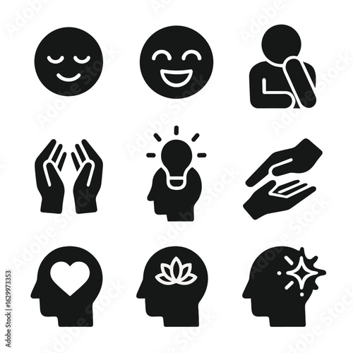 Art Therapy Icons. Solid, filled icons set of art therapy emotions and moods: calm face, joyful expression,