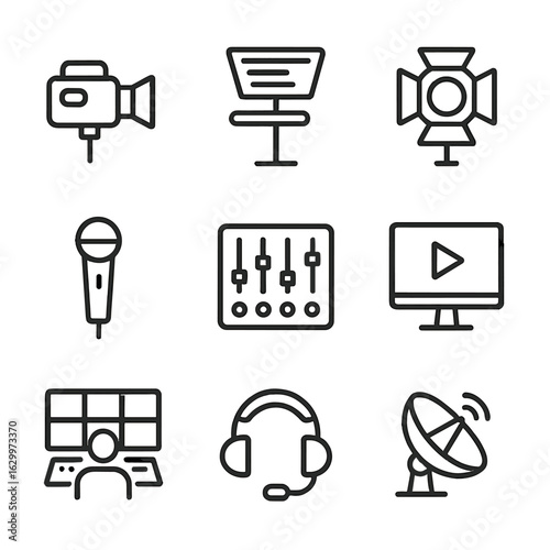 Broadcast Equipment Icons. Outline icon set of broadcast studio equipment: camera, teleprompter, studio light, microphone, mixing