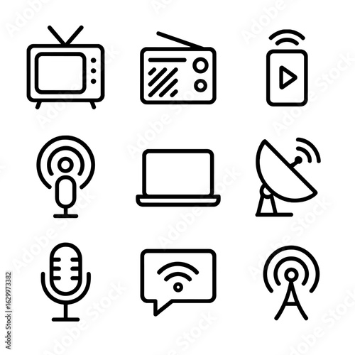 Broadcast Platform Icons. Outline icon set of broadcast platforms: TV set, radio, smartphone streaming, podcast, laptop, satellite