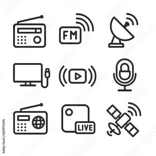 Broadcast Icons Grid. Outline icon set of broadcast transmission types: AM radio, FM radio, satellite TV, cable TV, live stream,