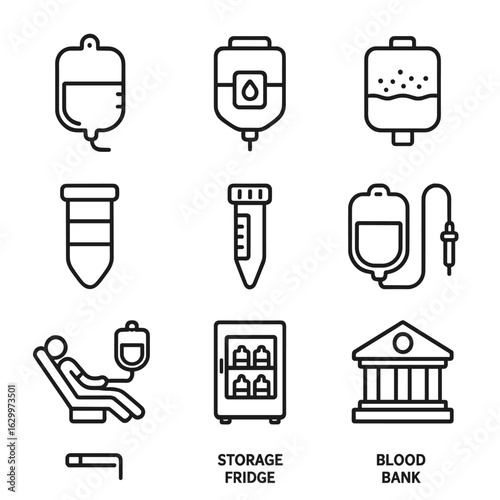 Blood Plasma Icon Set. Outline icon set of blood plasma and components: plasma bag, platelet concentrate, cryoprecipitate, blood