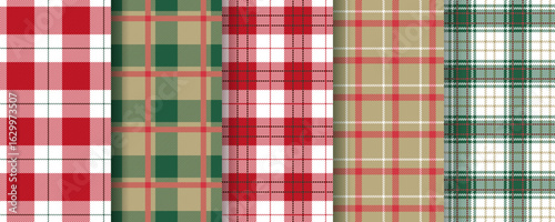 Tartan seamless pattern. Plaid Christmas background. Set gingham fabrics. Checkered prints. Check red green textures. Flannel shirt textile. Vichy backdrop. Buffalo cloth fabric. Vector illustration