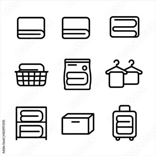 Blanket Storage Icons. Outline icon set of blanket folding and storage: folding steps, storage basket, vacuum bag, hangers,