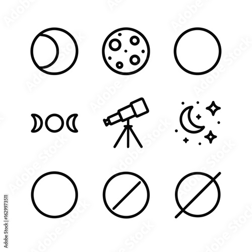 Blood Moon Icon Set. Outline icon set of blood moon phenomena: lunar eclipse, red moon, full moon, moon phases, telescope, night