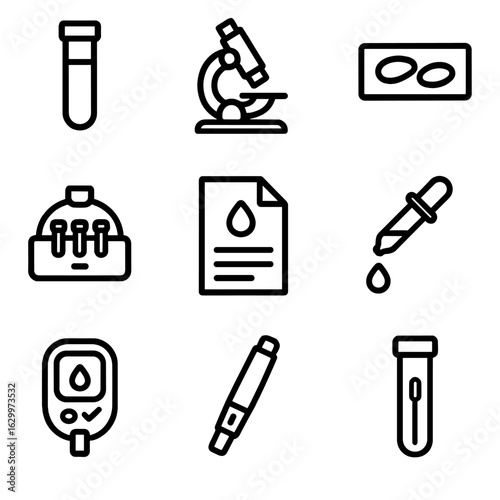 Blood Testing Icons. Outline icon set of blood testing: test tube, microscope, blood smear slide, centrifuge, lab report, dropper,