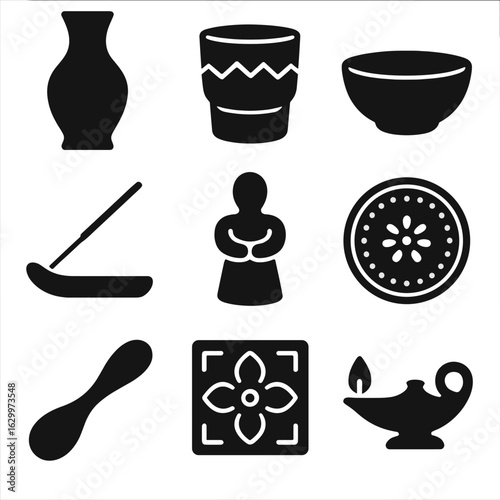 Artisanal Ceramic Icons. Solid, filled icons set of artisanal ceramic items: flower vase, textured cup, rustic