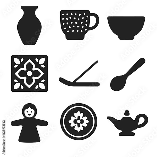 Artisanal Ceramic Icons. Solid, filled icons set of artisanal ceramic items: flower vase, textured cup, rustic