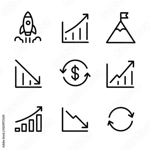 Business Cycle Icons. Outline icon set of business cycle: startup, growth, peak, recession, trough, recovery, expansion, decline,
