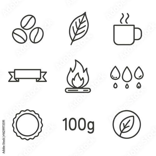 Artisanal Coffee Icons. Outline icon set of artisanal coffee labels: hand-drawn beans, coffee plant leaf,