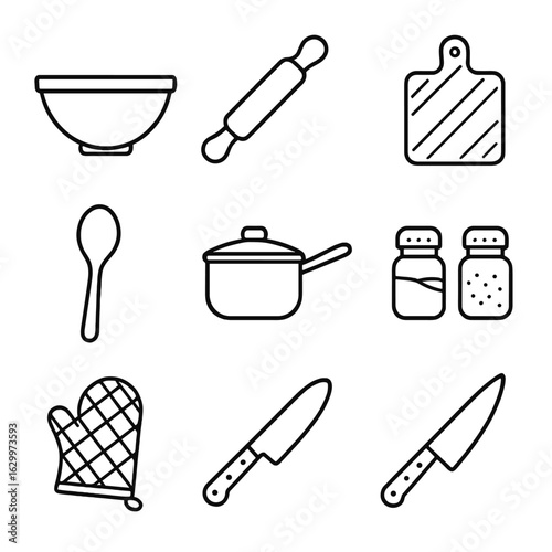 Artisanal Cooking Icons. Outline icon set of artisanal cooking tools: mixing bowl, whisk, rolling pin, cutting