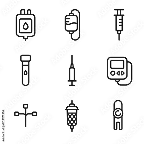 Blood Transfusion Icons. Outline icon set of blood transfusion equipment: blood bag, IV drip, syringe, blood tube, needle,