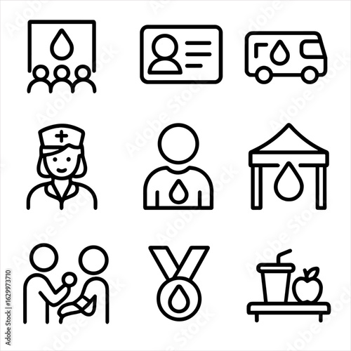 Blood Donation Icons. Outline icon set of blood donation events: blood drive, donor card, mobile blood bank, nurse, volunteer,