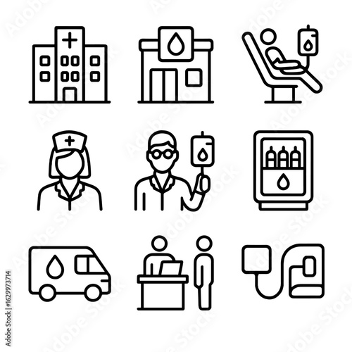 Blood Donation Icons. Outline icon set of blood donation and transfusion facilities: hospital, blood bank, donor chair, nurse, lab
