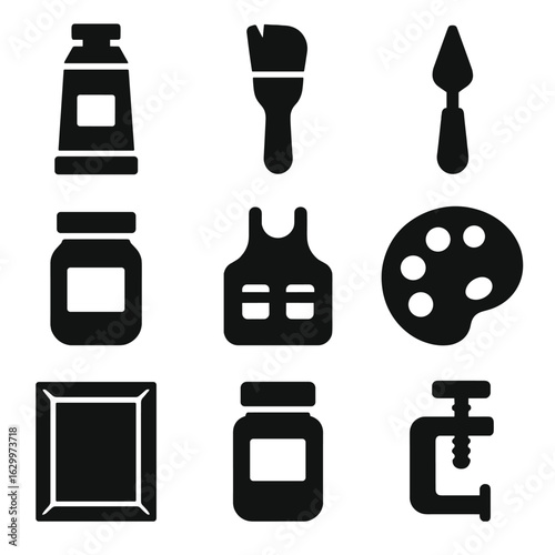 Artist Supplies Icons. Solid, filled icons set of painting supplies for studio work: tube of acrylic paint,