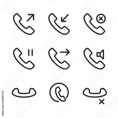 Call Action Icons. Outline icon set of call actions: incoming call, outgoing call, missed call, call on hold, call transfer, call