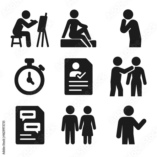 Artist Model Icons. Solid, filled icons set of artist and model interaction: artist posture, model pose,