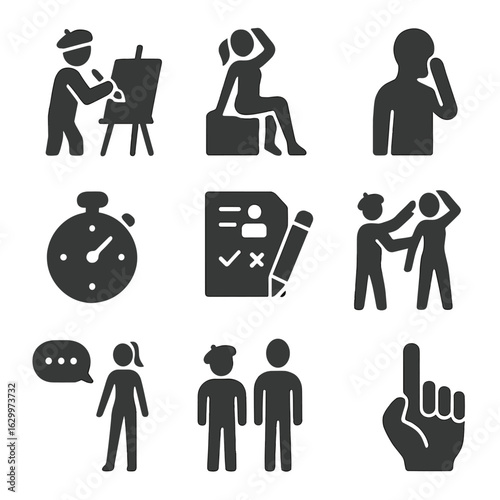 Artist Model Icons. Solid, filled icons set of artist and model interaction: artist posture, model pose,