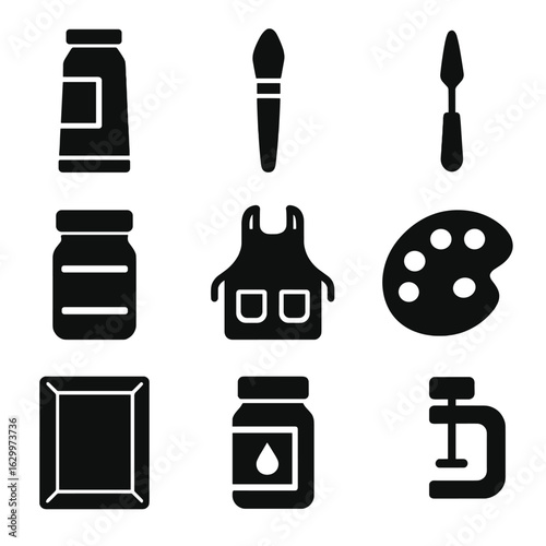 Artist Supplies Icons. Solid, filled icons set of painting supplies for studio work: tube of acrylic paint,