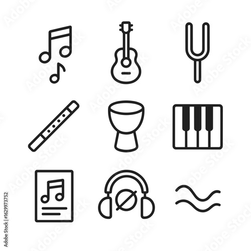 Calm Music Icons. Outline icon set of calm music: soft notes, acoustic guitar, tuning fork, flute, gentle drum, piano keys, music