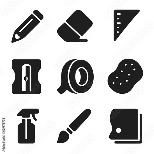 Artist Tools Icons. Solid, filled icons set of artist tools and accessories: pencil, eraser, ruler, sharpener,