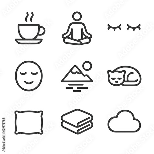 Calm Moments Icons. Outline icon set of calm moments: steaming tea cup, meditation pose, closed eyes, peaceful face, tranquil