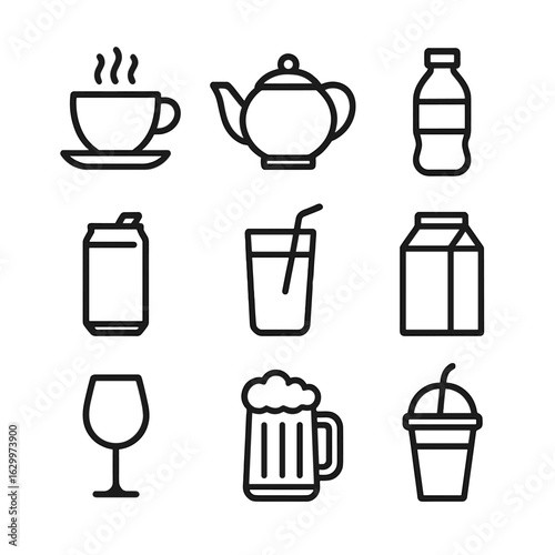 Canteen Beverage Icons. Outline icon set of canteen beverages: coffee cup, tea pot, water bottle, soda can, juice glass, milk