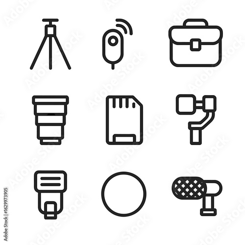 Capture Accessories Icons. Outline icon set of capture accessories: tripod, remote shutter, camera bag, lens, memory card, gimbal,