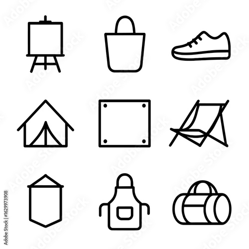 Canvas Uses Icons. Outline icon set of textile canvas uses: art canvas, tote fabric, shoe upper, tent wall, cover tarp, seat sling