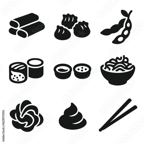 Asian Appetizer Icons. Solid, filled icons set of Asian appetizers: spring rolls, dumplings, edamame, sushi