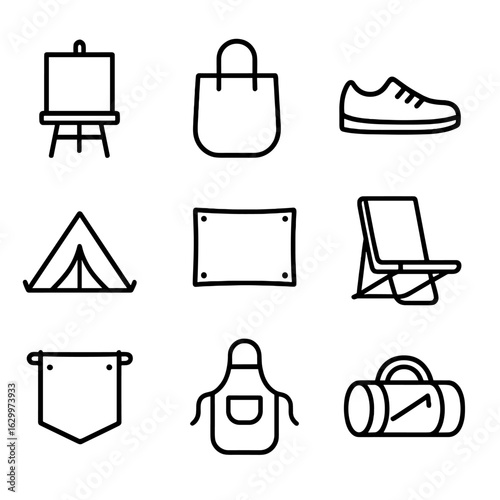 Canvas Uses Icons. Outline icon set of textile canvas uses: art canvas, tote fabric, shoe upper, tent wall, cover tarp, seat sling