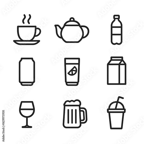 Canteen Beverage Icons. Outline icon set of canteen beverages: coffee cup, tea pot, water bottle, soda can, juice glass, milk