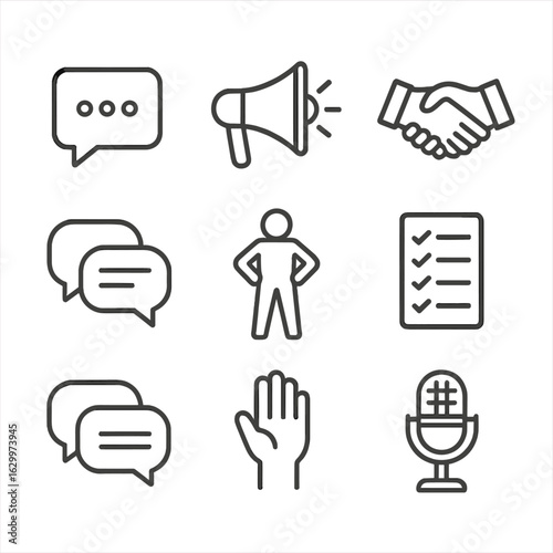 Assertiveness Icons Grid. Outline icon set of assertiveness training and communication: speech bubble,