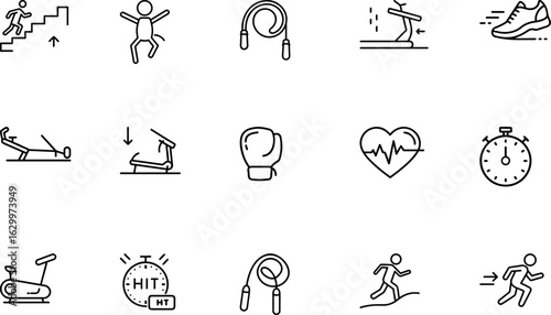 Cardio and endurance icons with treadmill, heart, stopwatch, jump rope