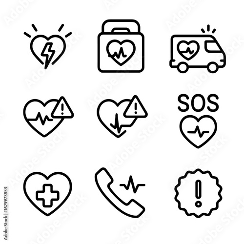 Cardiac and LED Icons. Outline icon set of cardiac emergency alerts: emergency heart icon, defibrillator symbol, ambulance heart