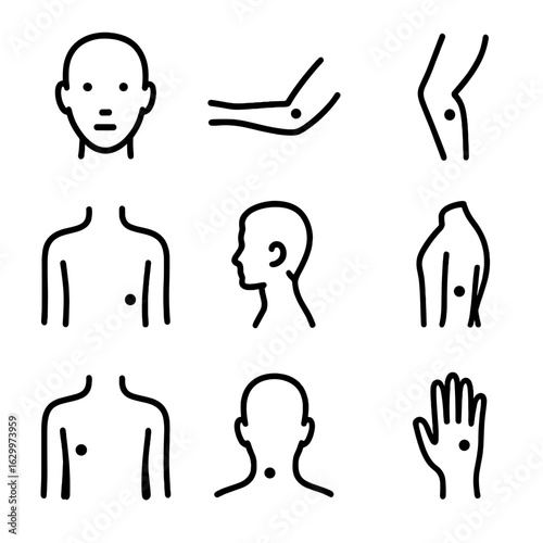 Body Birthmark Icons. Outline icon set of birthmark locations: face, arm, leg, back, neck, chest, shoulder, scalp, hand. Line