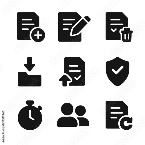 Assignment Management Icons. Solid, filled icons set of assignment management: create task, edit task, delete