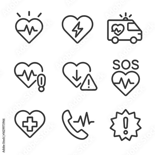 Cardiac and LED Icons. Outline icon set of cardiac emergency alerts: emergency heart icon, defibrillator symbol, ambulance heart