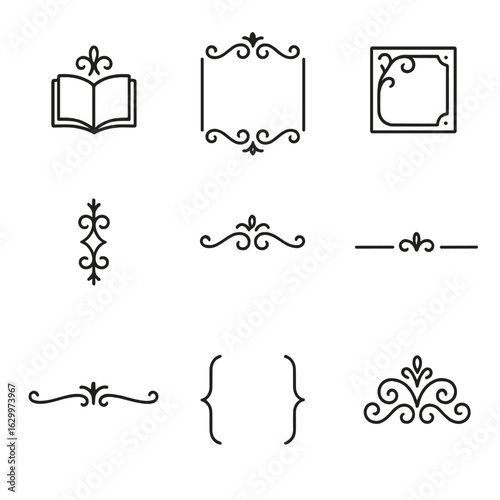 Book Decoration Icons. Outline icon set of book vignette decorations: chapter opener, page border, drop cap frame, margin ornament